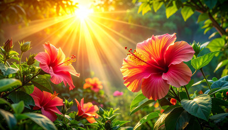 Hibiscus flower in the garden with sun light flare.の素材