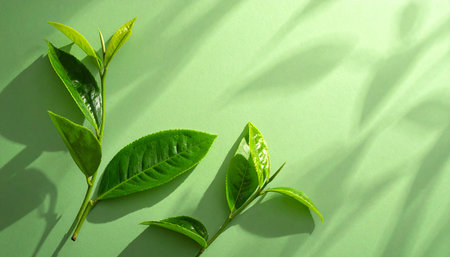 Green tea leaves on green background with copy space for your text.の素材