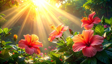 Beautiful hibiscus flowers in the garden with sunlight.の素材