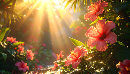 Pink hibiscus flower in the garden with sunlight and lens flareの素材
