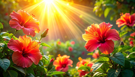 Hibiscus flowers blooming in the garden with sunlight.の素材