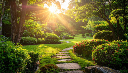 Stone walkway in the garden with sunlight in the morning, stock photoの素材