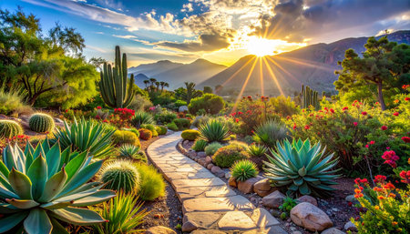 Cactus garden at sunset in Santa Cruz de Tenerife, Canary Islands, Spainの素材
