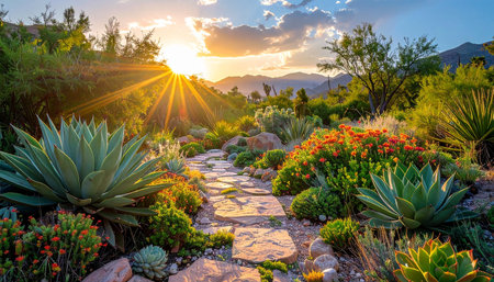 Sunset in the beautiful garden with aloe vera, cactus and succulentsの素材