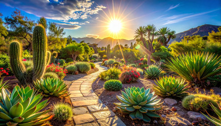 Cactus garden in Phoenix, Arizona, USA at beautiful sunset.の素材