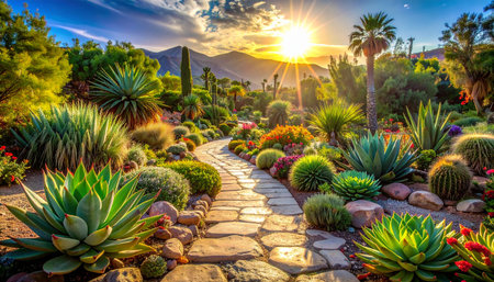 Sunset over a beautiful landscaped garden with cacti and succulentsの素材