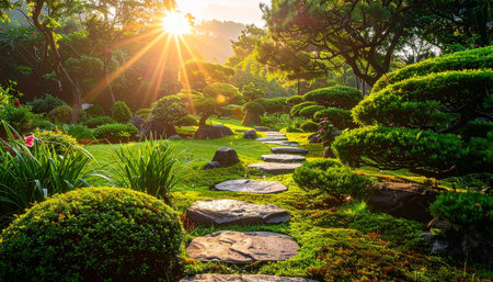 Landscape design of japanese garden with stone walkway in the morning.の素材