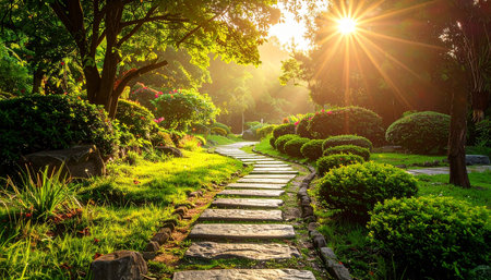 Stone walkway in the garden with sun light and green grass.の素材