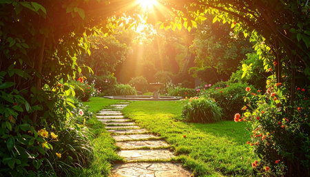 Pathway in the garden at sunset with sun rays. Natural backgroundの素材