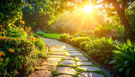 Garden stone walkway in the park with sun light and flowersの素材