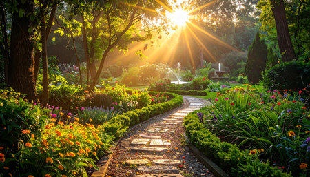 Sunset in the garden with beautiful flowerbeds and path.の素材