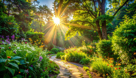 Beautiful spring garden with path and sun rays. Spring landscape.の素材