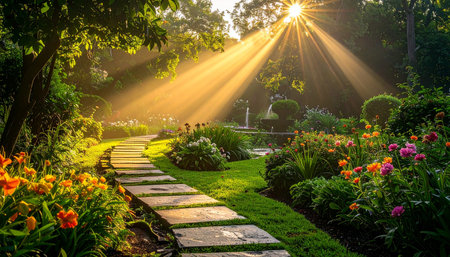 Pathway in the garden with sun light beam and flower background.の素材