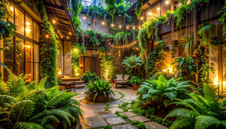 Tropical garden decorated with green plants and light bulbs at nightの素材