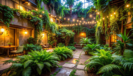 Luxury hotel lobby interior decorated with tropical plants and lights.の素材