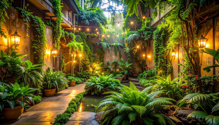 Luxury hotel garden in the evening with light, Thailand.の素材