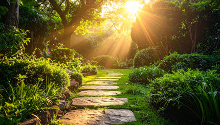 Stone walkway in the garden with sunlight in the morning, stock photoの素材