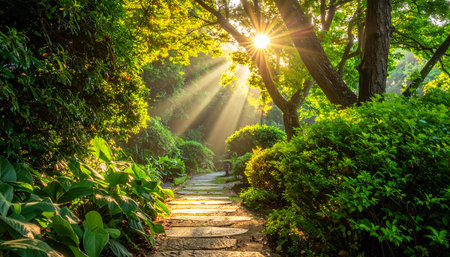 Sun rays shining through the trees in the garden. Nature background.の素材