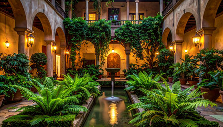 Luxury hotel interior with swimming pool and palm trees at nightの素材