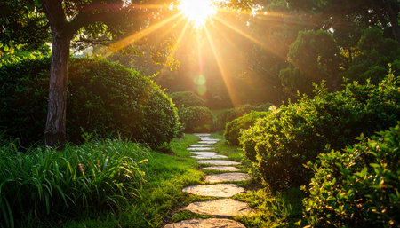 Stone pathway in the garden with sun rays. Nature background. Summer.の素材