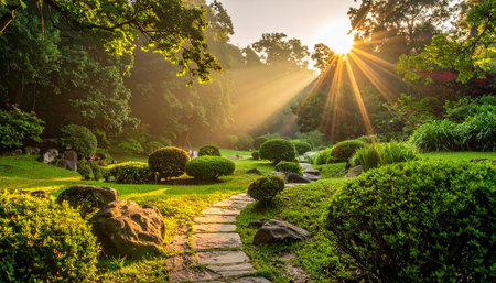 Sunset in the garden with stone walkway and green grass.の素材