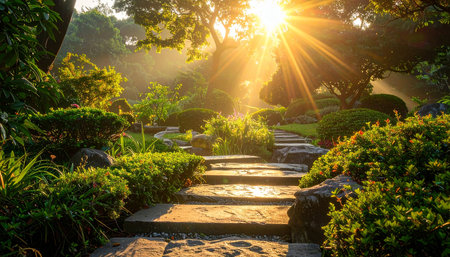 Stone walkway in the garden with sunlight in the morning, Thailand.の素材