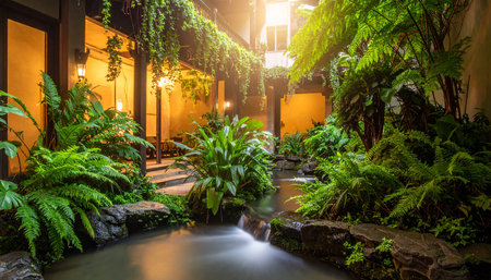 Waterfall in the garden at night. Beautiful landscaped garden.の素材