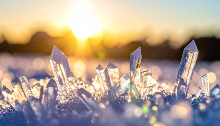 Ice crystals on the ground at sunset. Natural background with copy space.の素材