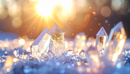 Ice crystal on snow with bokeh background, close up.の素材
