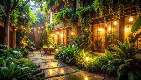 Outdoor patio in the garden at night, Bangkok, Thailand.の素材