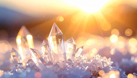 Magic crystal on snow background with bokeh effect. 3d renderの素材