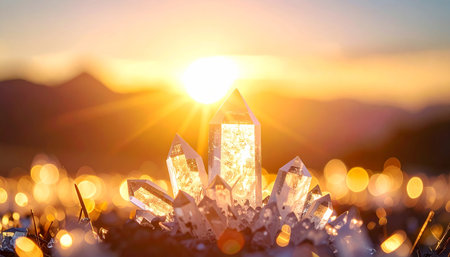 Beautiful crystal on the background of the setting sun and mountains.の素材