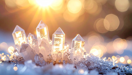 Beautiful crystal on the snow. Christmas background with bokehの素材