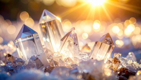 Close up of crystal on snow and bokeh lights background.の素材