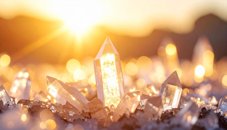 Magic crystal on the snow in the rays of the setting sun.の素材