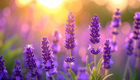 Lavender flowers blooming in the garden at sunset. Nature backgroundの素材