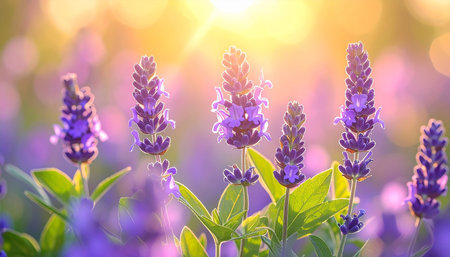 Lavender flowers blooming in the meadow at sunset.の素材