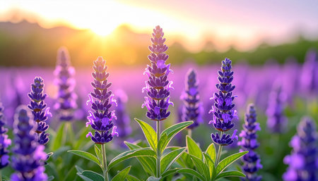 Lavender flowers blooming in the field at sunset. Nature backgroundの素材