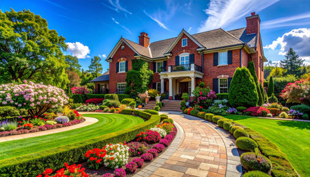 Luxury home with beautiful landscaped garden on a sunny day.の素材