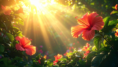Red hibiscus flower in the garden with sun rays.の素材