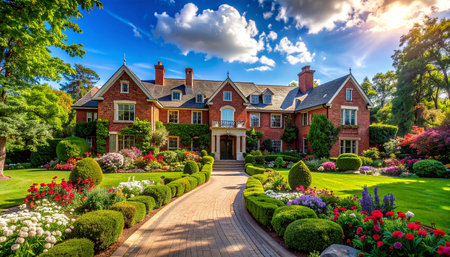 A beautiful view of a luxury home with beautiful landscaped garden.の素材