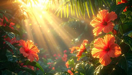 Red hibiscus flowers in tropical garden with sun rays.の素材