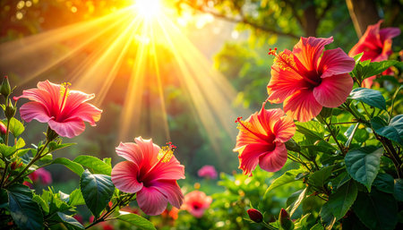 Hibiscus flowers in the garden with sunlight and lens flareの素材
