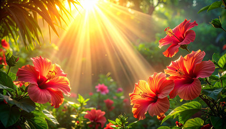 Hibiscus flowers in the garden with sunlight. Nature backgroundの素材