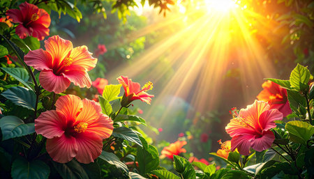 Hibiscus flowers on a background of the setting sun.の素材