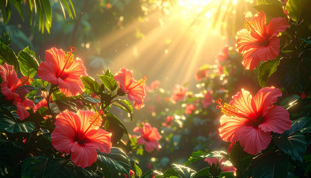 Hibiscus flower in the garden at sunset with sunlight.の素材