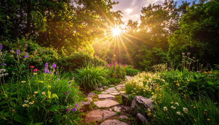 Sunset in the summer garden with a stone path and flowers.の素材