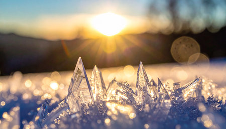 Beautiful crystal snowflakes on the background of the setting sunの素材