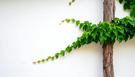 Green Creeper Plant on White Wall Background, Nature and Ecology Conceptの素材