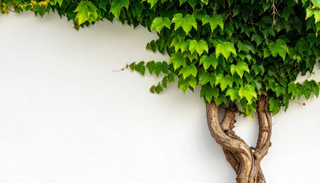 Green ivy plant on a white wall background with copy space.の素材